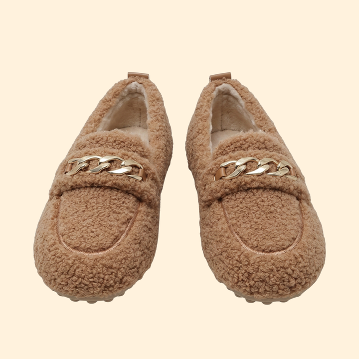 Women’s Faux Shearling Loafers with Gold Chain