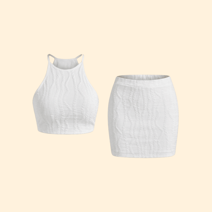 Women’s Crop Top and Skirt Set with Wave Pattern