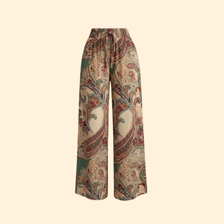 Women’s Wide-Leg Pants with Paisley Design and Elastic Waist