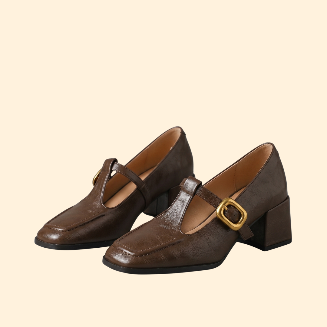 Women's Block Heel Pumps with Gold Buckle