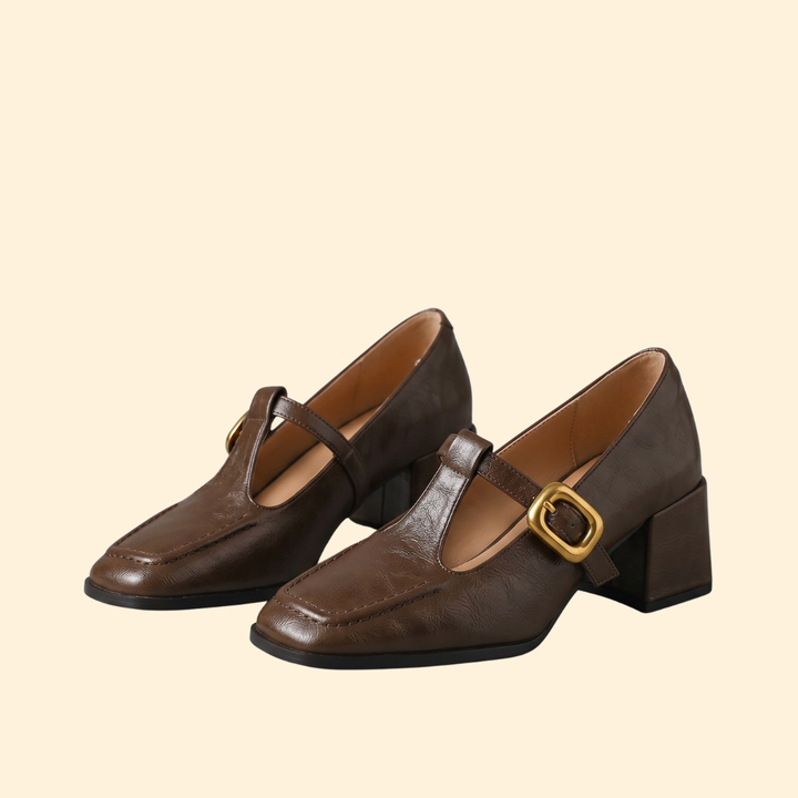 Women's Block Heel Pumps with Gold Buckle