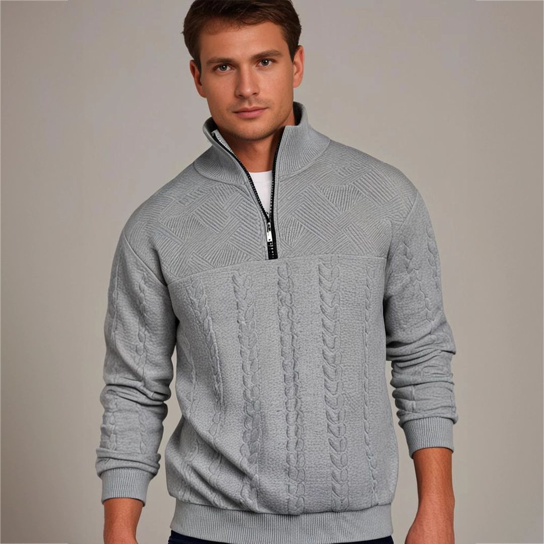 Men's Cable-Knit Half-Zip Pullover with Geometric Texture