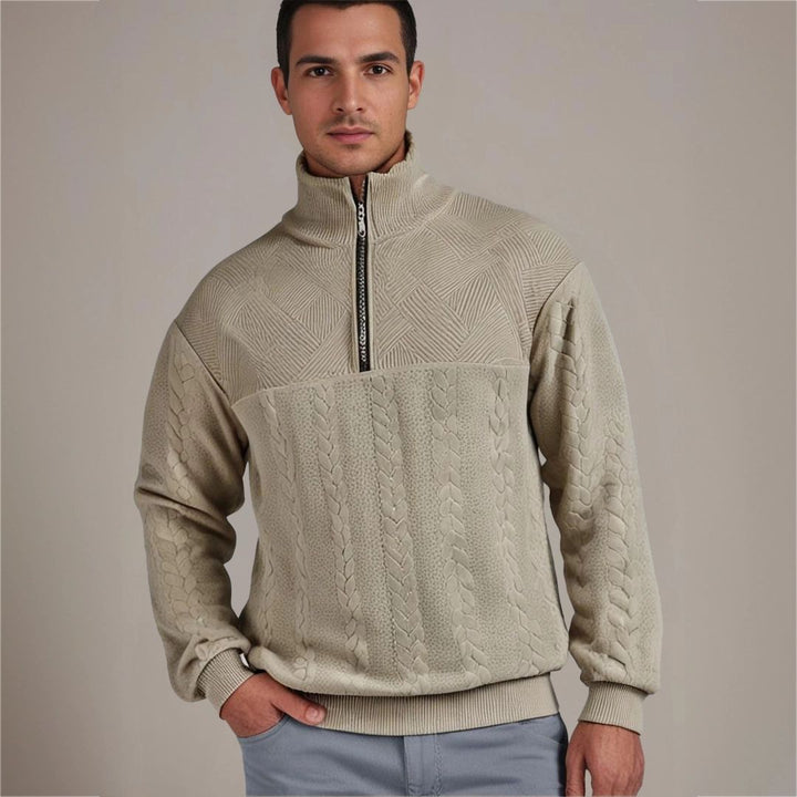Men's Cable-Knit Half-Zip Pullover with Geometric Texture