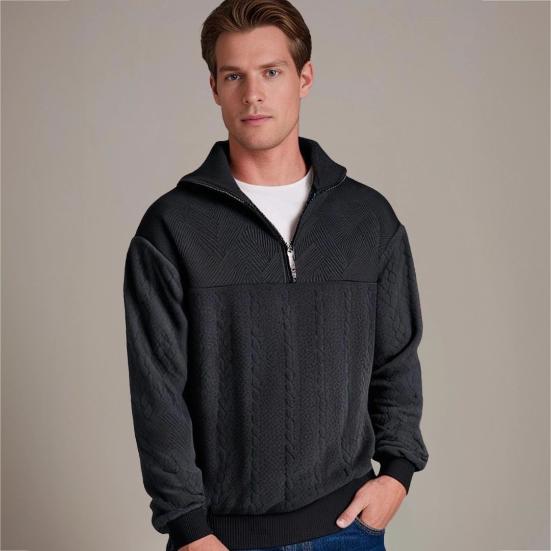 Men's Cable-Knit Half-Zip Pullover with Geometric Texture