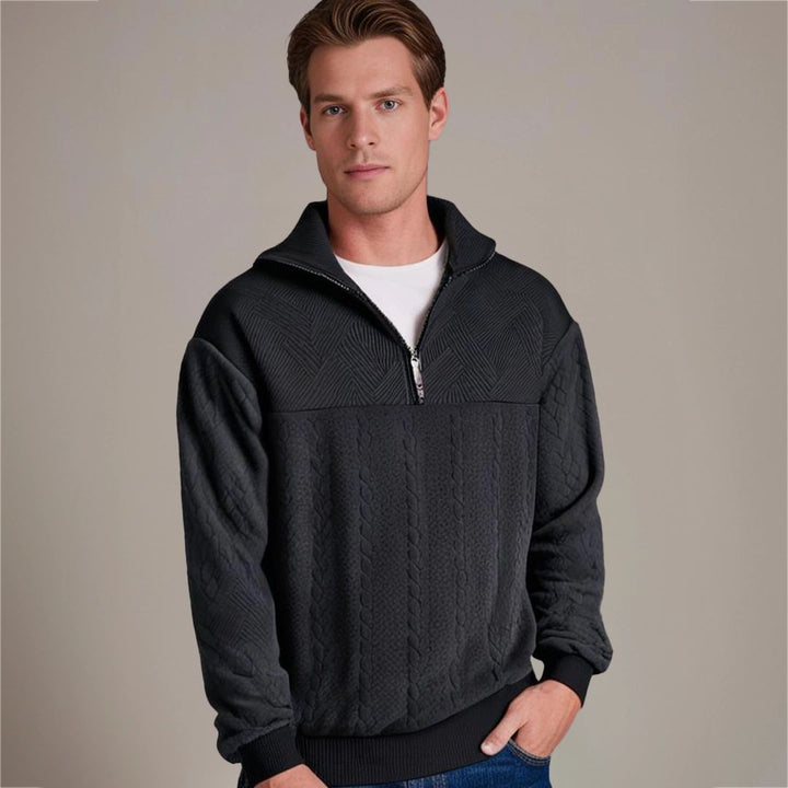 Men's Cable-Knit Half-Zip Pullover with Geometric Texture