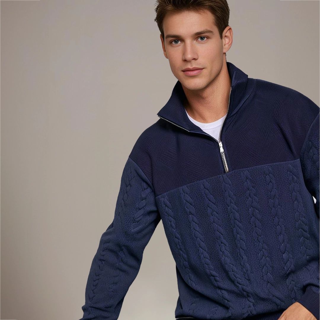 Men's Cable-Knit Half-Zip Pullover with Geometric Texture