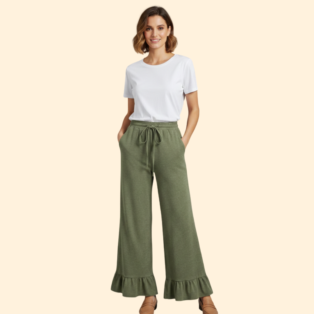 Women’s Wide-Leg Palazzo Pants with Ruffles and Elastic Waist