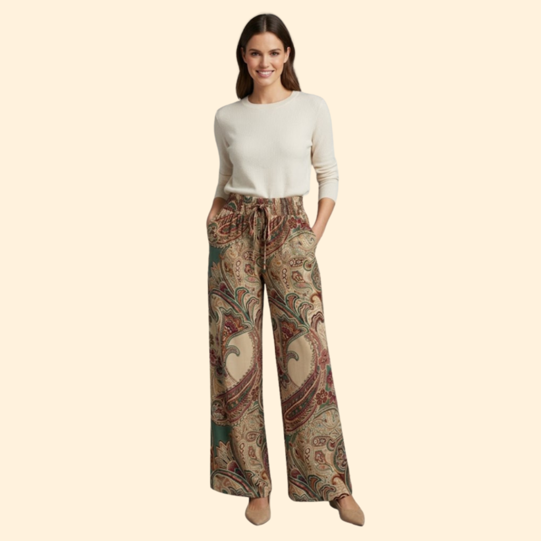 Women’s Wide-Leg Pants with Paisley Design and Elastic Waist