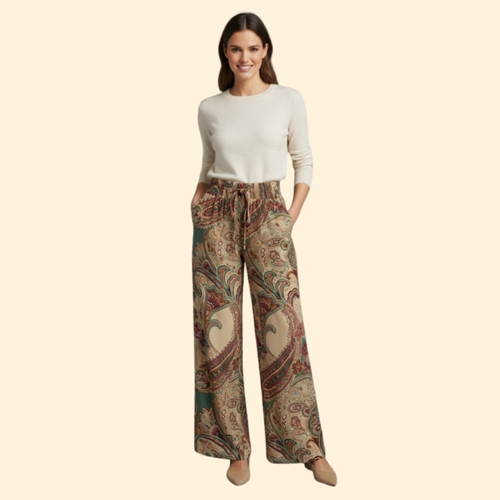 Women’s Wide-Leg Pants with Paisley Design and Elastic Waist
