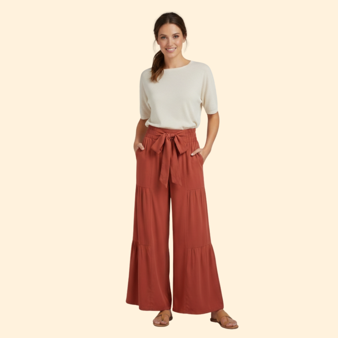 Women’s Palazzo Pants with Tie Waist and Ruffles