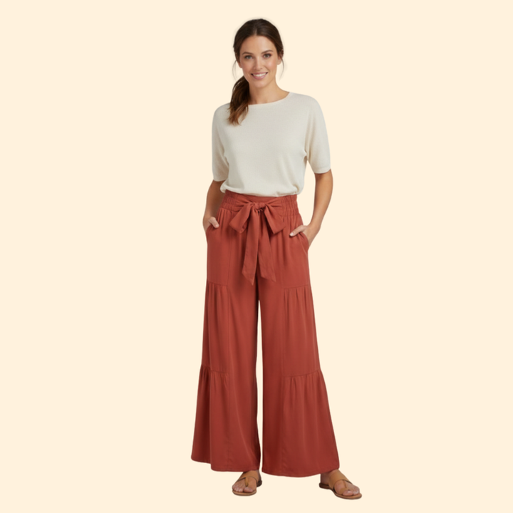 Women’s Palazzo Pants with Tie Waist and Ruffles