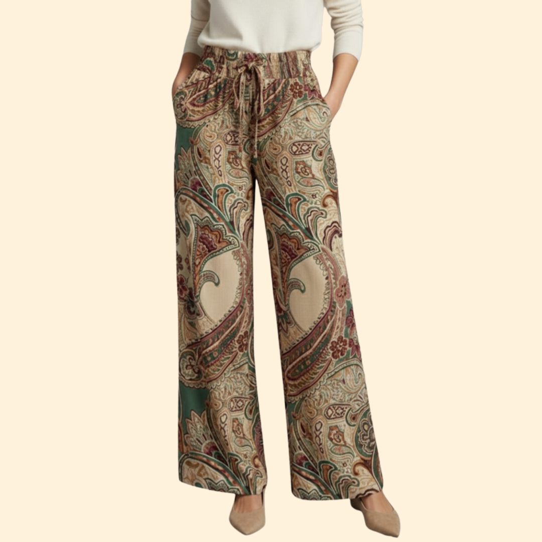 Women’s Wide-Leg Pants with Paisley Design and Elastic Waist