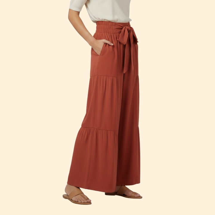 Women’s Palazzo Pants with Tie Waist and Ruffles