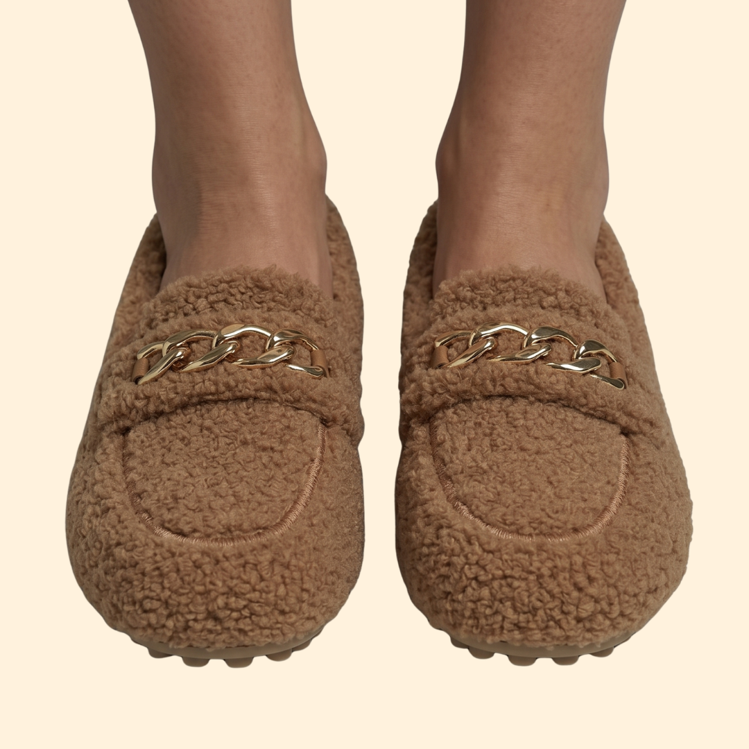 Women’s Faux Shearling Loafers with Gold Chain