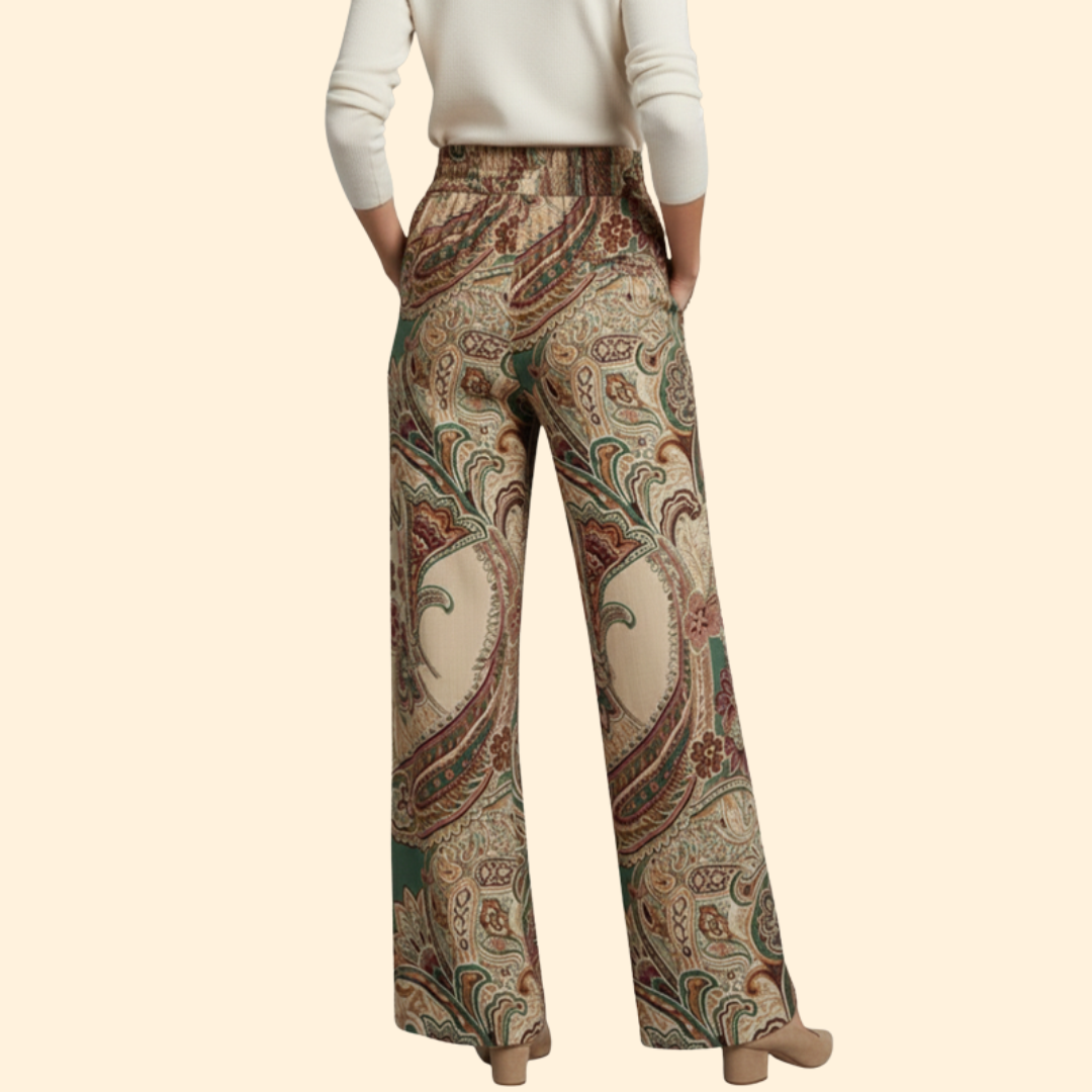 Women’s Wide-Leg Pants with Paisley Design and Elastic Waist
