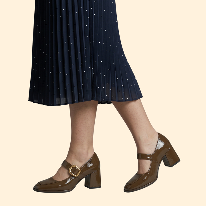 Women's Block Heel Pumps with Gold Buckle
