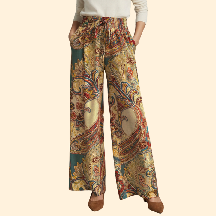 Women’s Wide-Leg Pants with Paisley Design and Elastic Waist