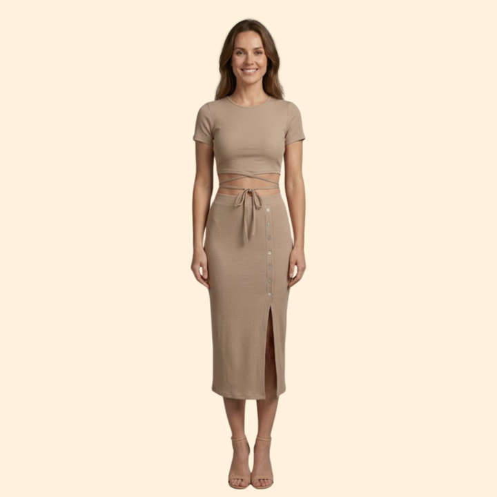 Women’s Ribbed Top with Buttoned Midi Skirt