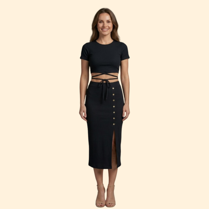 Women’s Ribbed Top with Buttoned Midi Skirt