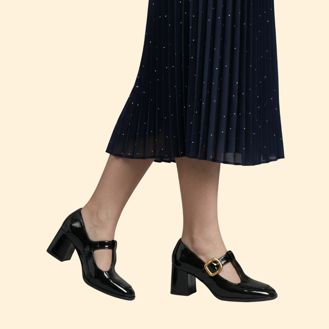Women's Block Heel Pumps with Gold Buckle
