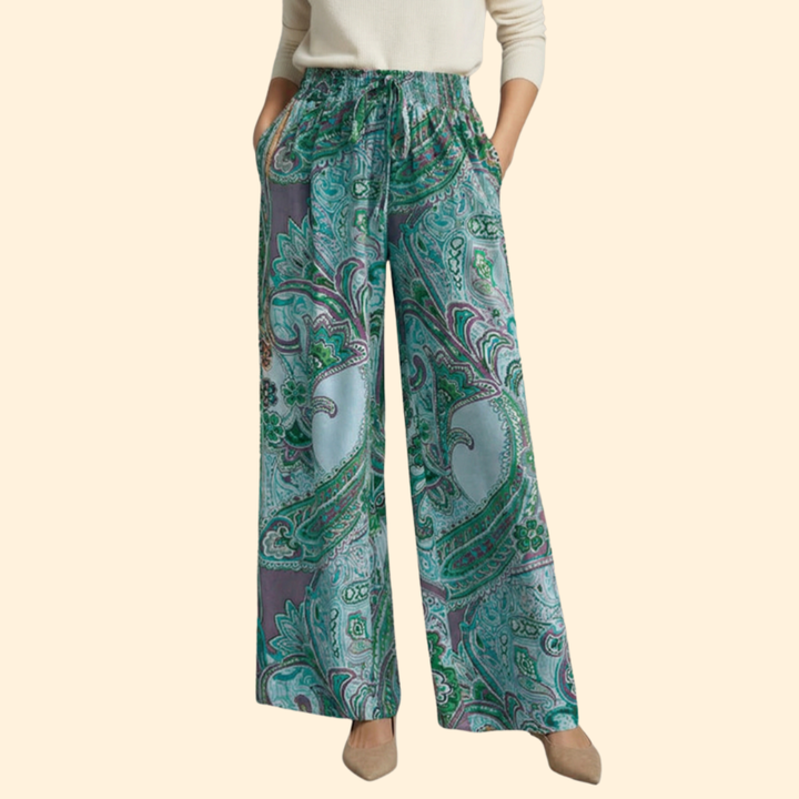 Women’s Wide-Leg Pants with Paisley Design and Elastic Waist