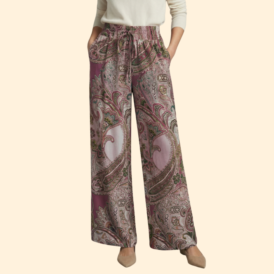 Women’s Wide-Leg Pants with Paisley Design and Elastic Waist