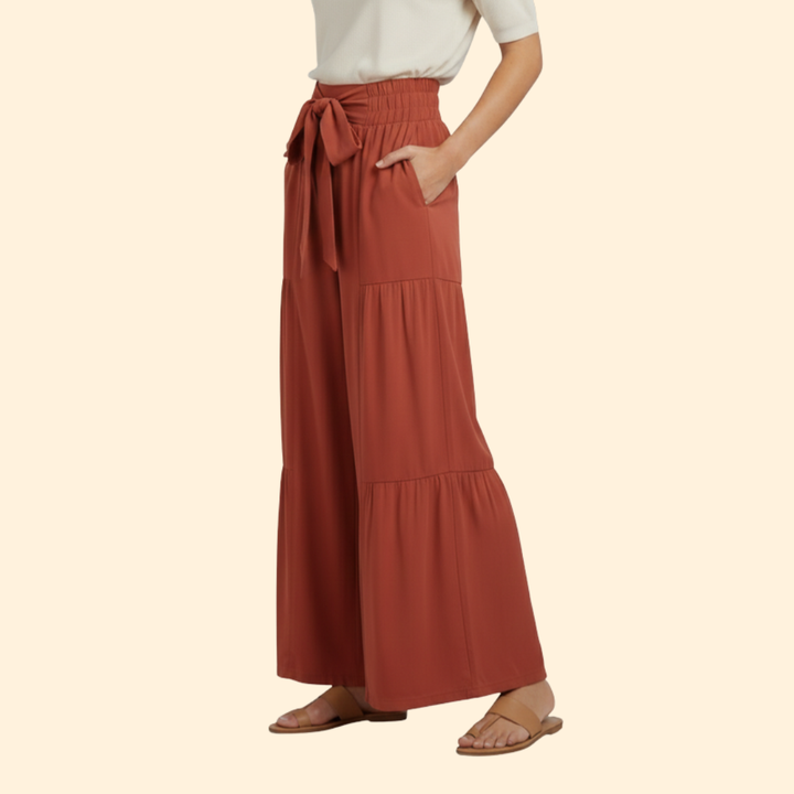 Women’s Palazzo Pants with Tie Waist and Ruffles