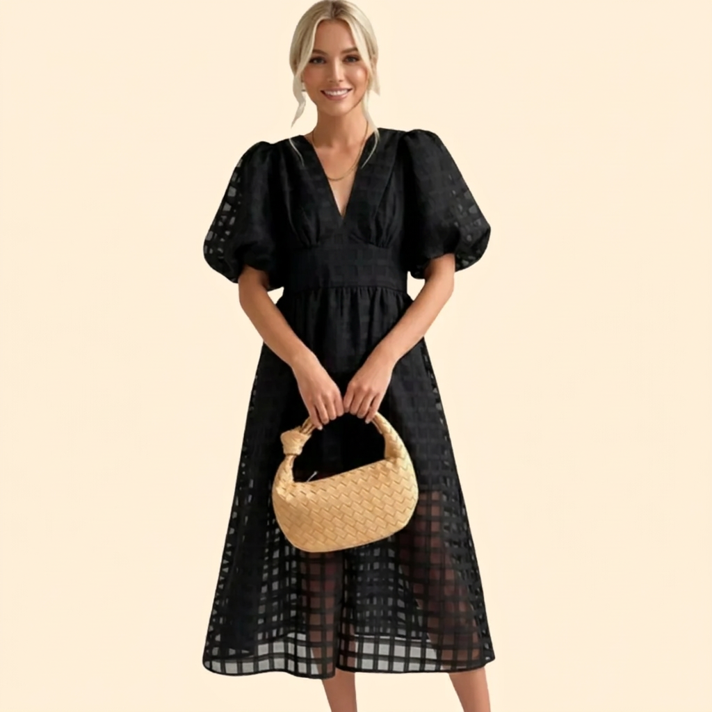 Women's Grid Pattern V-Neck Puff Sleeve Midi Dress