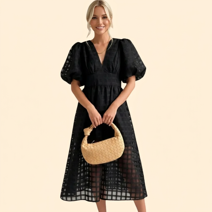 Women's Grid Pattern V-Neck Puff Sleeve Midi Dress