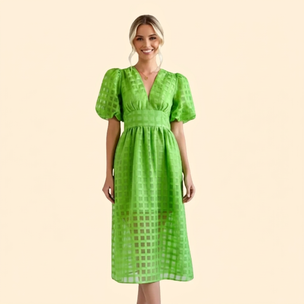 Women's Grid Pattern V-Neck Puff Sleeve Midi Dress
