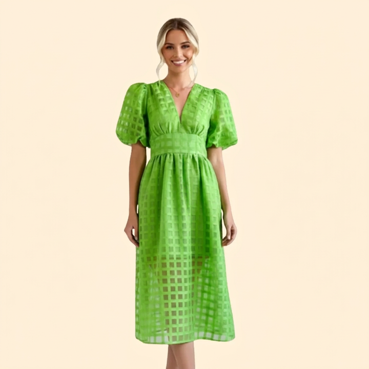 Women's Grid Pattern V-Neck Puff Sleeve Midi Dress