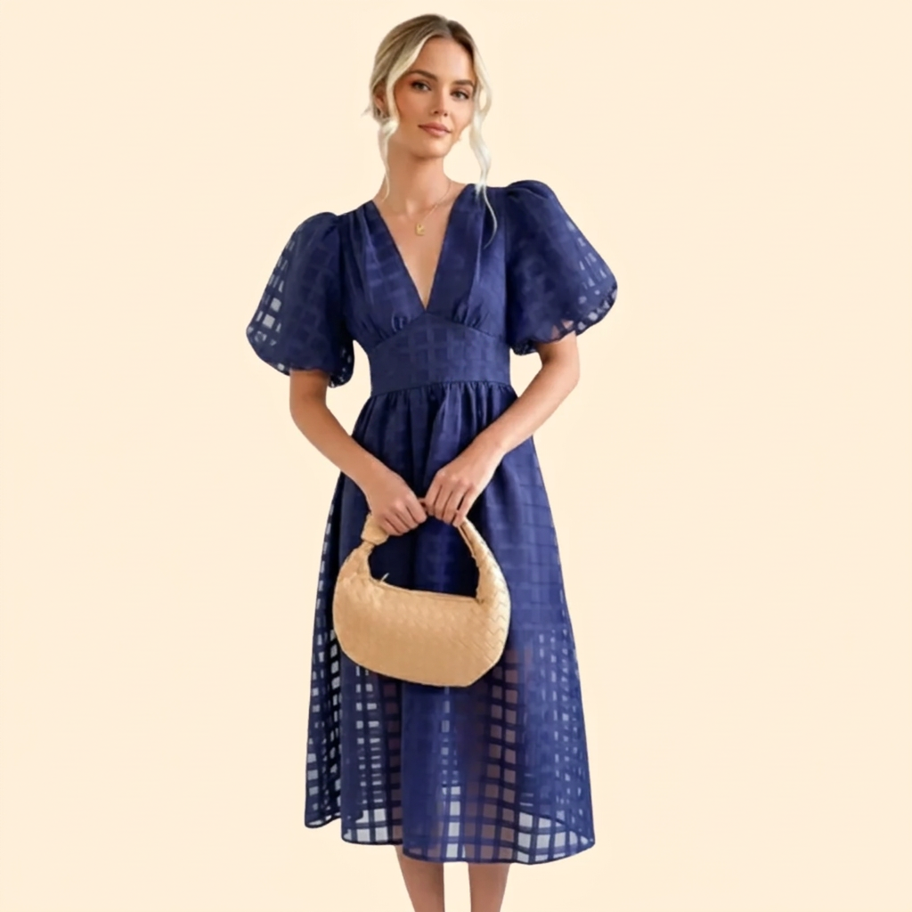 Women's Grid Pattern V-Neck Puff Sleeve Midi Dress