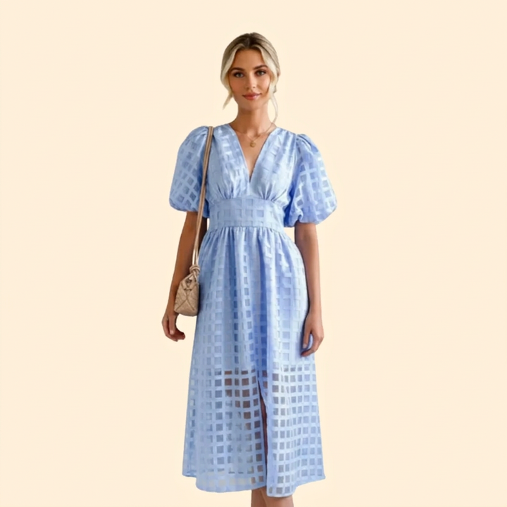 Women's Grid Pattern V-Neck Puff Sleeve Midi Dress