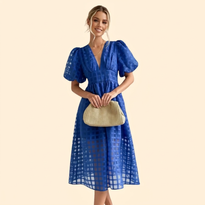 Women's Grid Pattern V-Neck Puff Sleeve Midi Dress