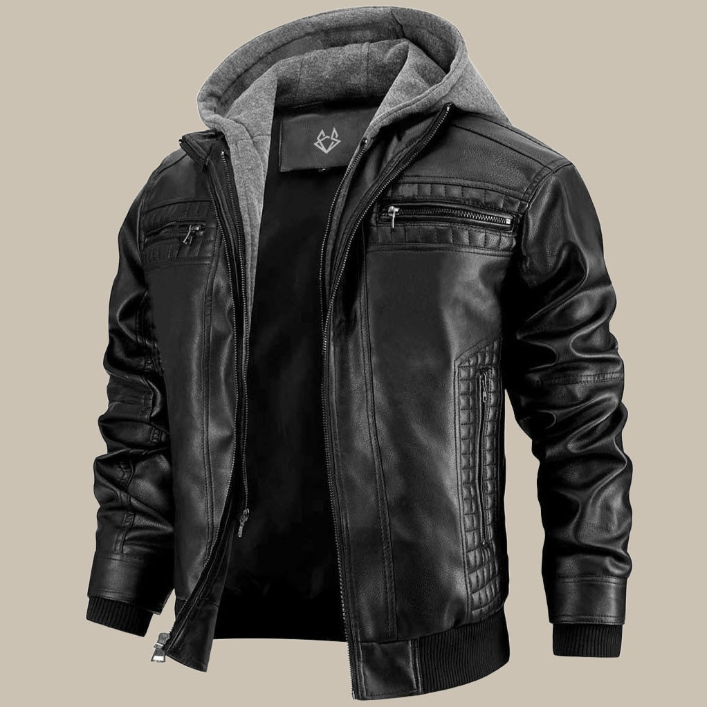 Men's Hooded Leather Jacket with Front Zip Pockets