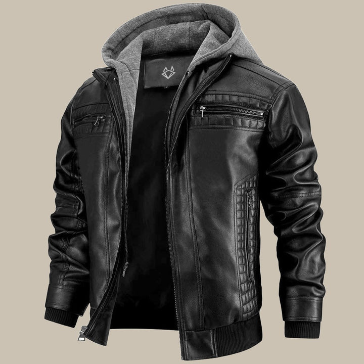Men's Hooded Leather Jacket with Front Zip Pockets