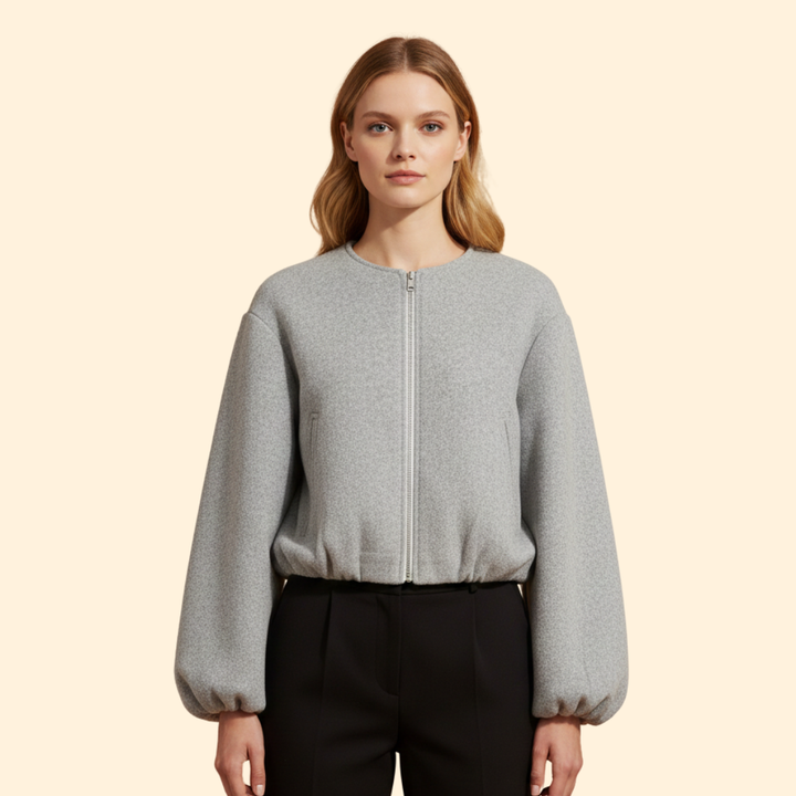 Women’s Zip-Up Bomber Jacket with Balloon Sleeves