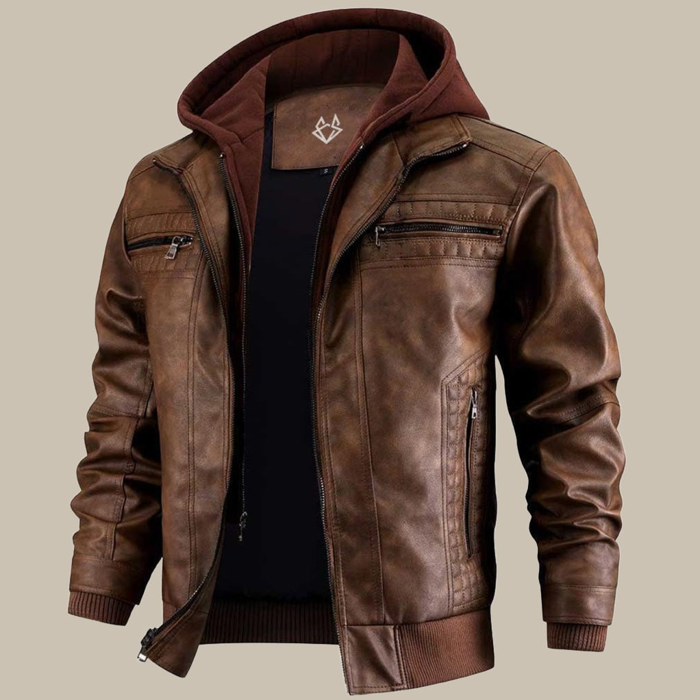 Men's Hooded Leather Jacket with Front Zip Pockets