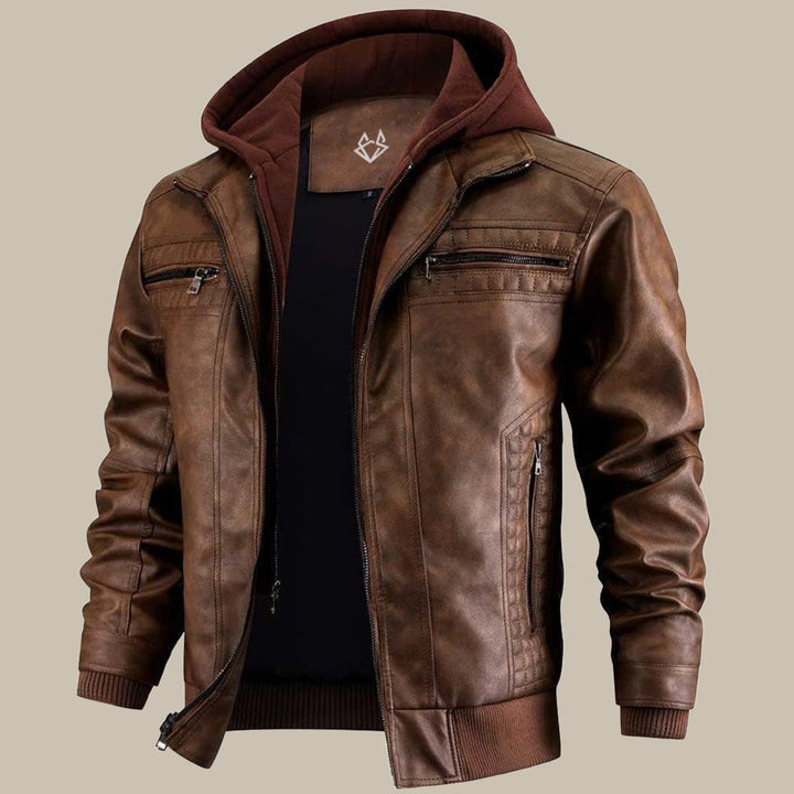 Men's Hooded Leather Jacket with Front Zip Pockets