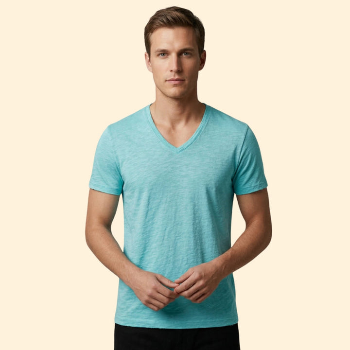 Men’s Casual V-Neck Tee with Rounded Hem
