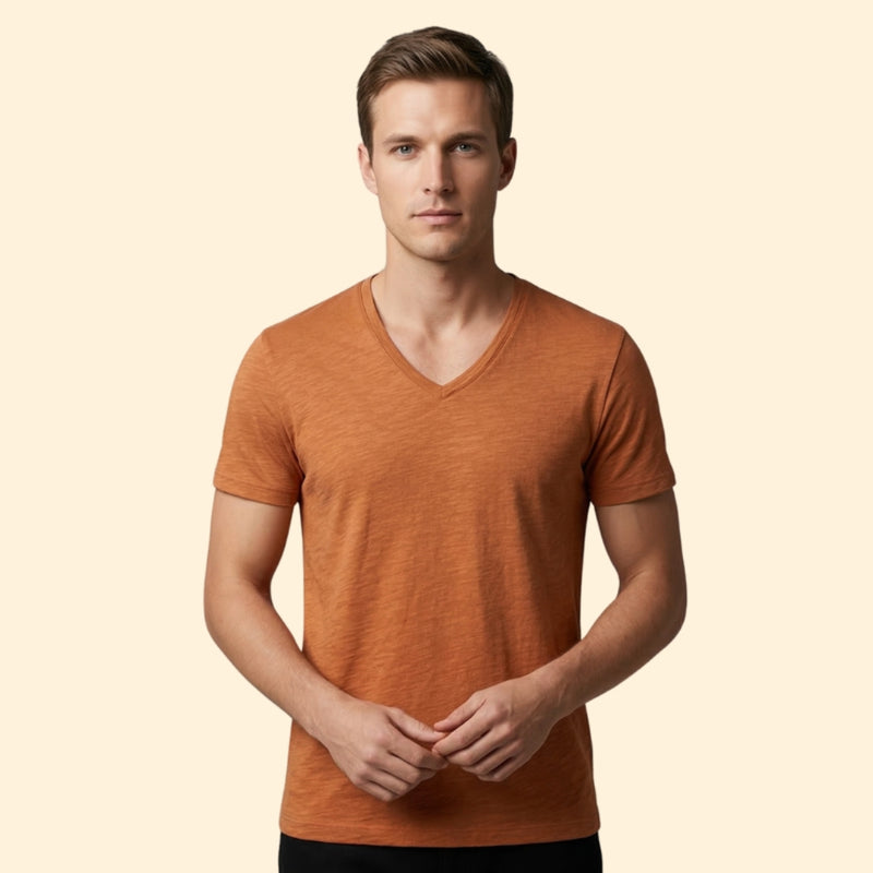 Men’s Casual V-Neck Tee with Rounded Hem