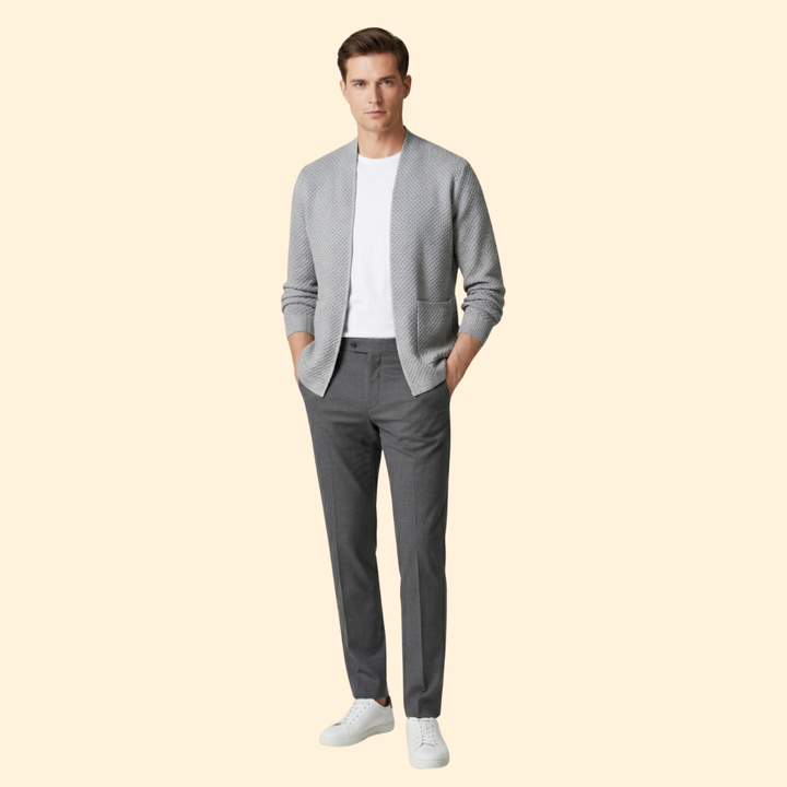 Men's Knitted Cardigan with Open Front and Ribbed Hem