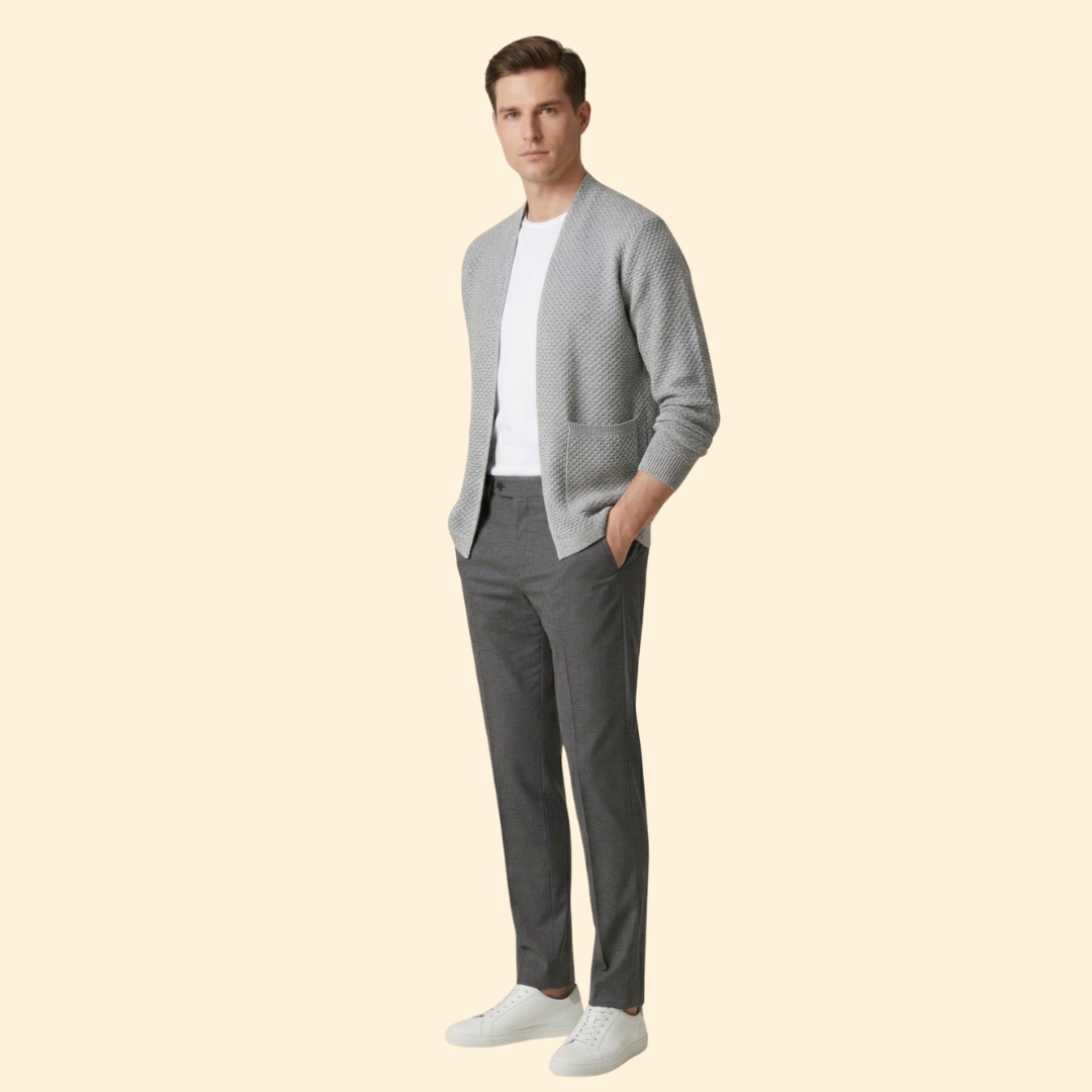 Men's Knitted Cardigan with Open Front and Ribbed Hem
