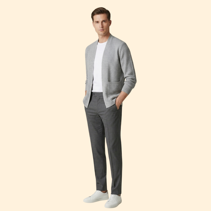 Men's Knitted Cardigan with Open Front and Ribbed Hem