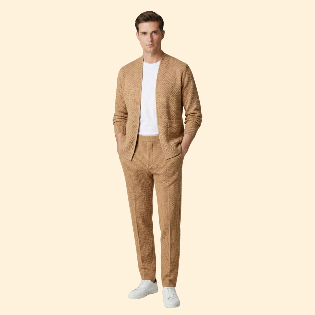 Men's Knitted Cardigan with Open Front and Ribbed Hem