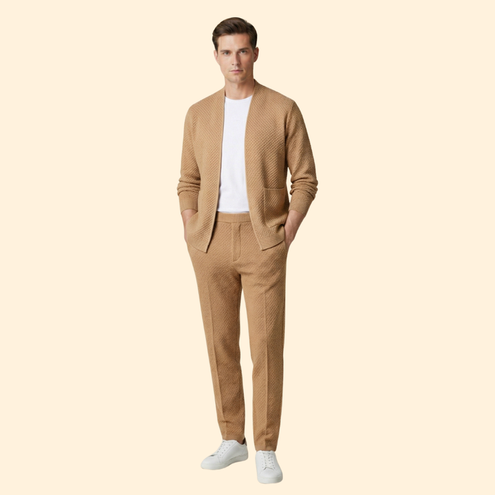 Men's Knitted Cardigan with Open Front and Ribbed Hem