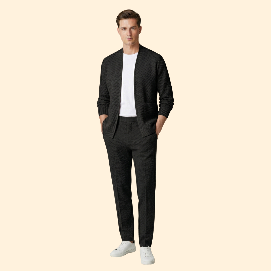 Men's Knitted Cardigan with Open Front and Ribbed Hem