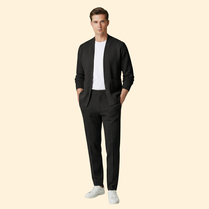 Men's Knitted Cardigan with Open Front and Ribbed Hem