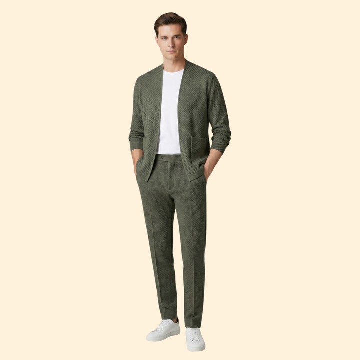 Men's Knitted Cardigan with Open Front and Ribbed Hem