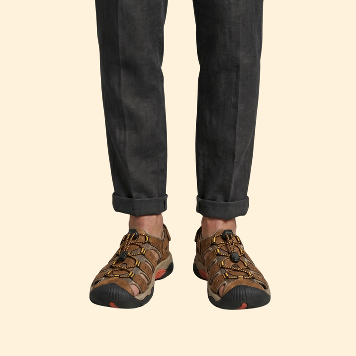 Men's Leather Sandals with Toe-Cap